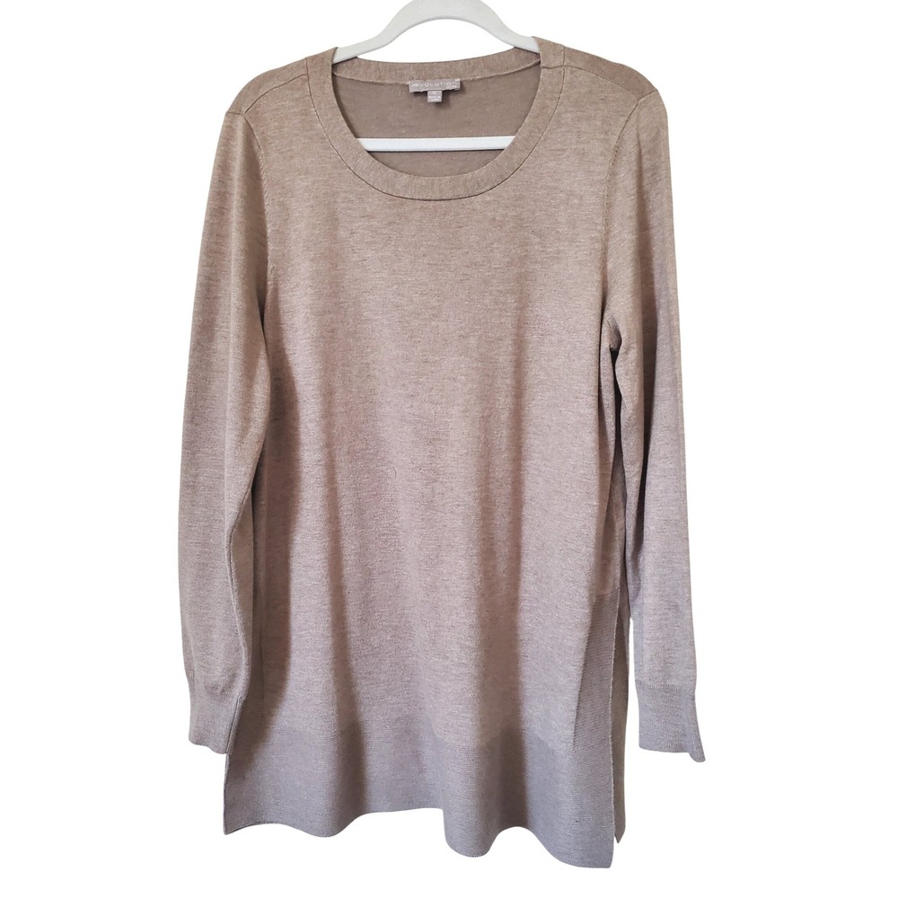 Revolution by Cyrus Long Sleeve Tunic Sweater Taupe XL Side‎ Slits Knit Neutral